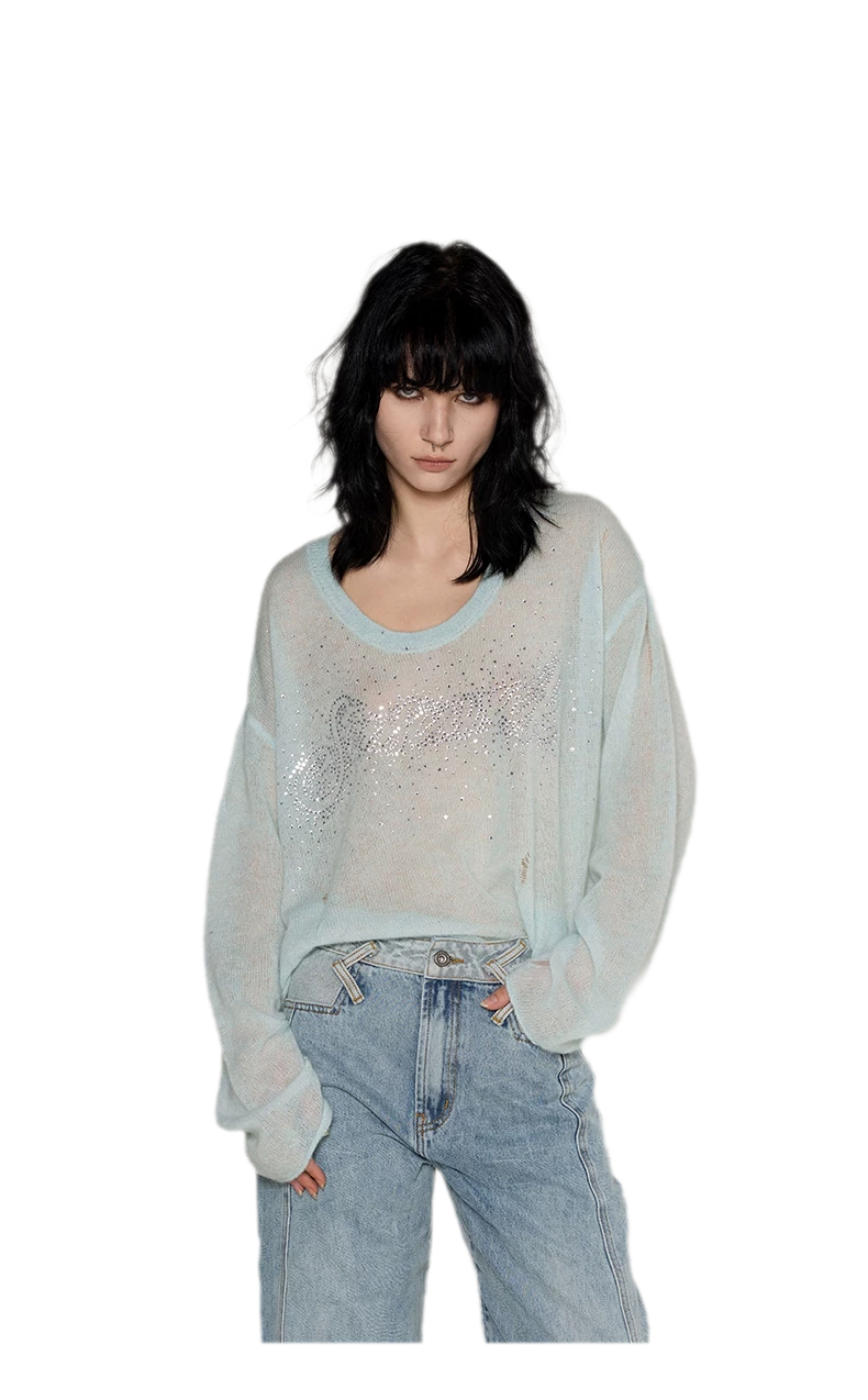 Pullover in mohair effetto consumato con strass