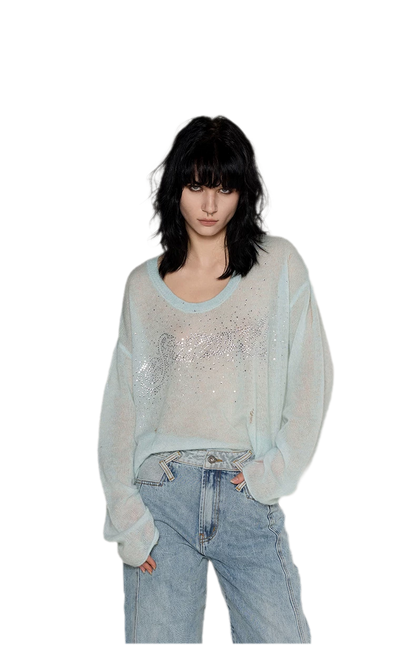 Pullover in mohair effetto consumato con strass