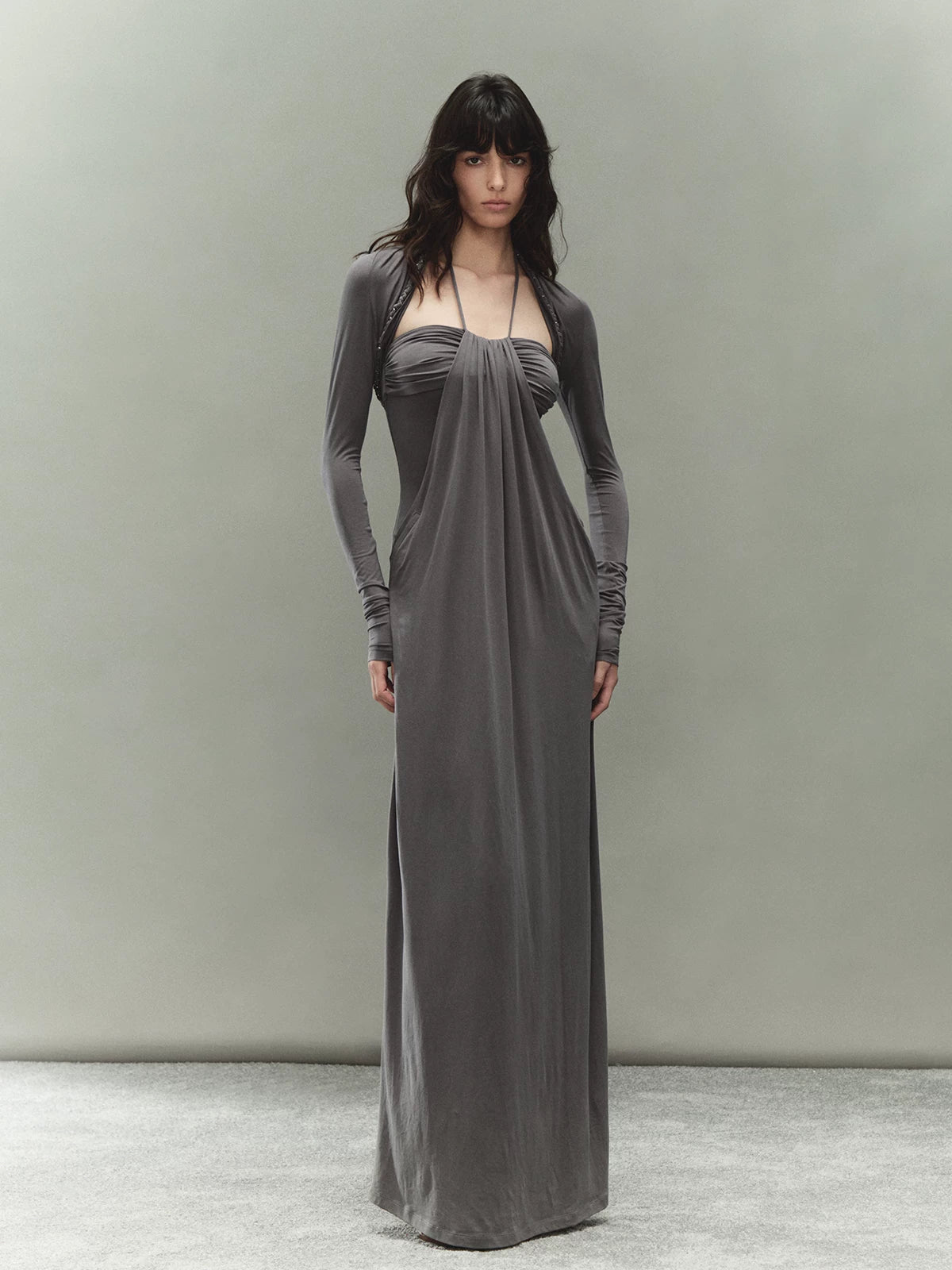 Laisel Handwoven Twist Metallic Chain Pleated Halter Dress