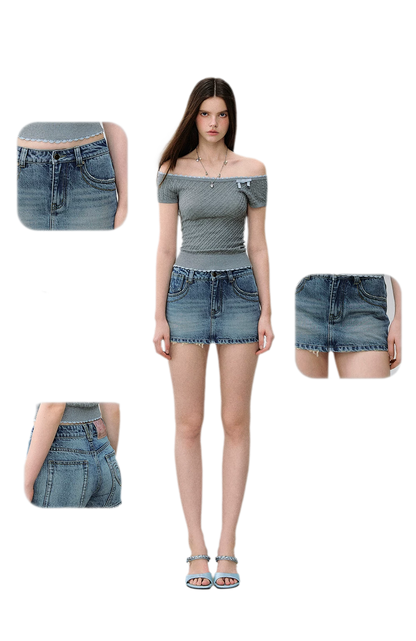 Light Indigo Distressed Denim Skort