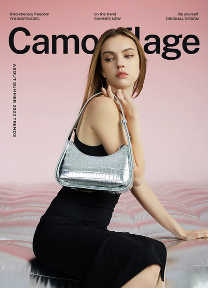 Crocodile Textured Curved Shoulder Bag