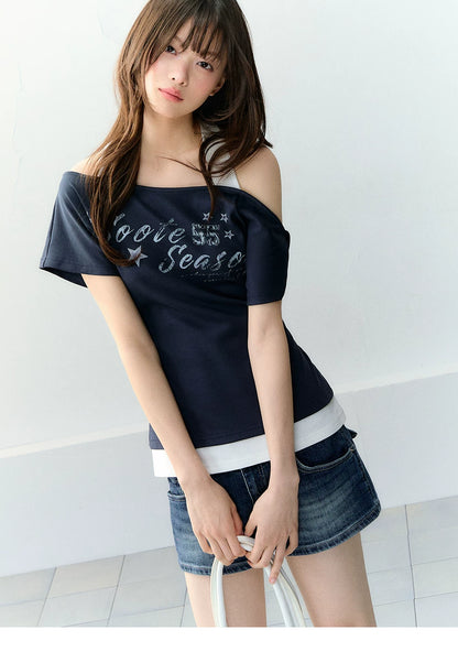 Vintage American Style Printed Off-Shoulder Cropped T-shirt