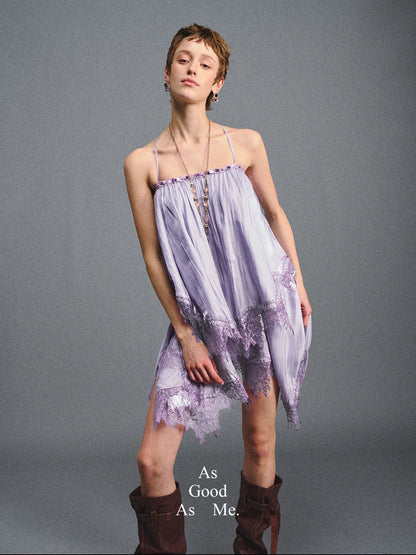 Lavender Galaxy Lace Satin Beaded Strap Dress