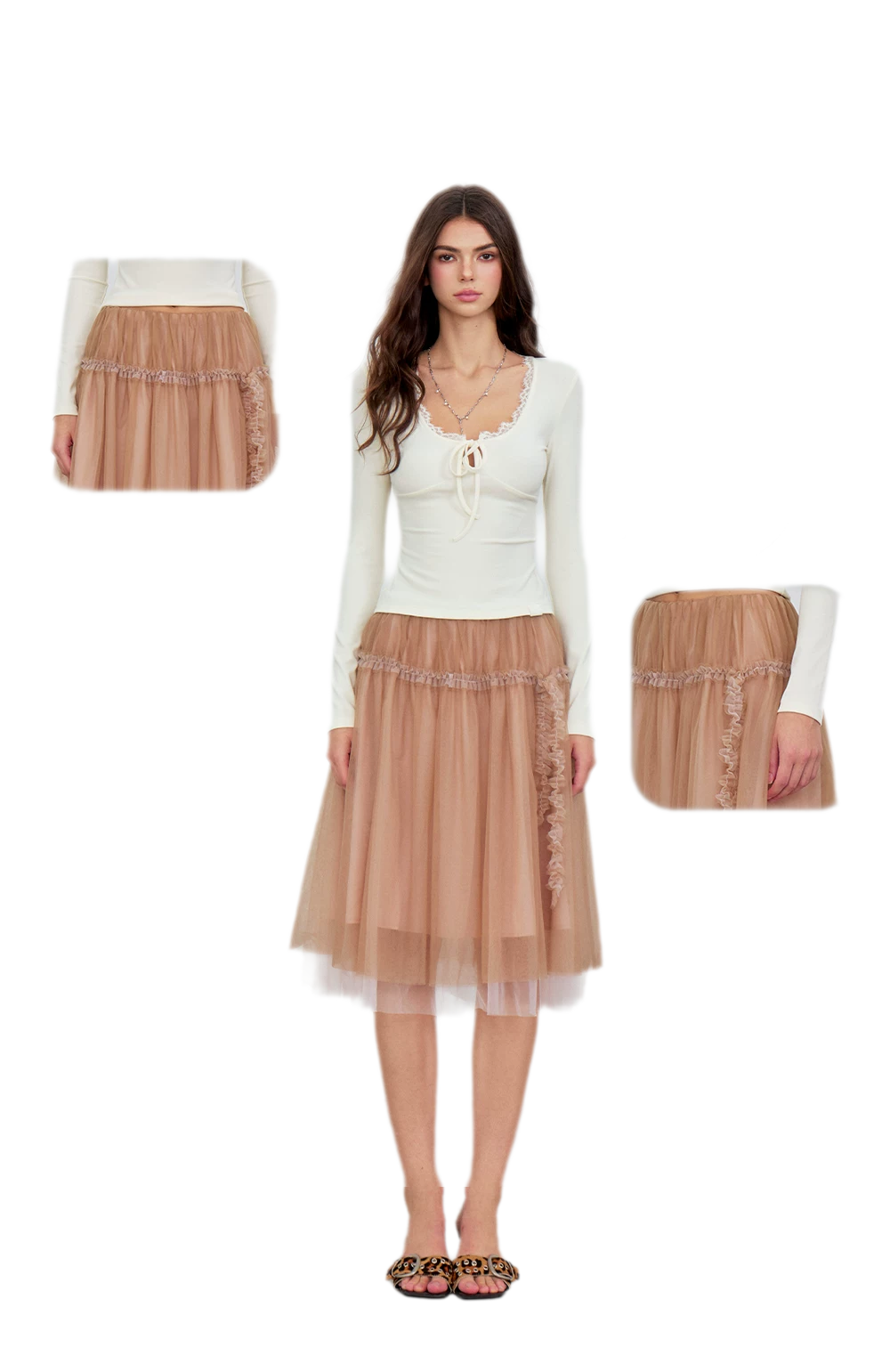 Layered Mesh Ruffle Midi Skirt
