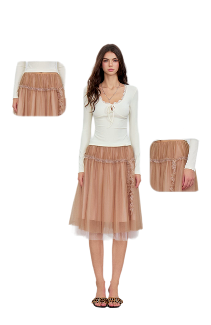 Layered Mesh Ruffle Midi Skirt