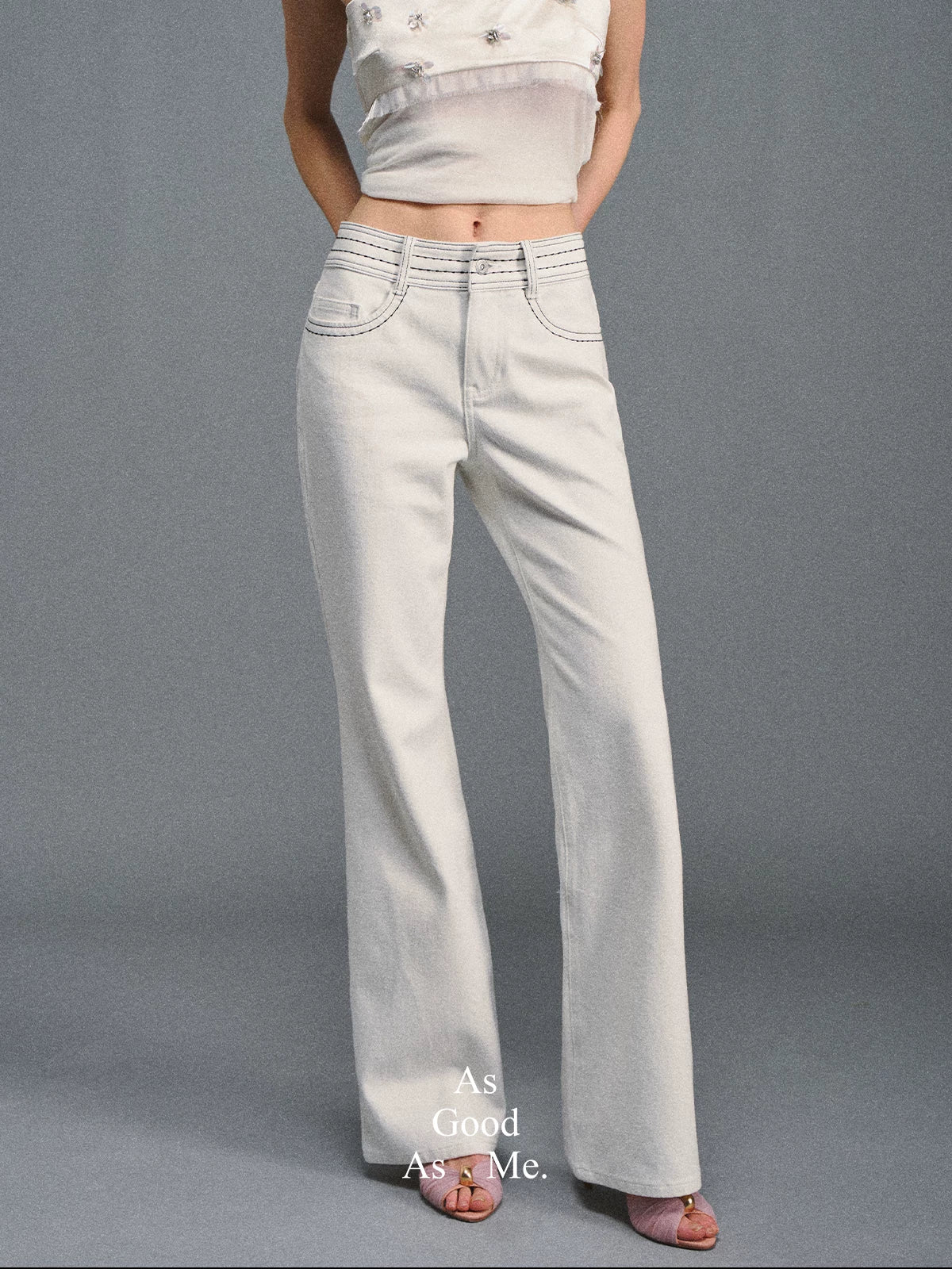 Textured White Contrast Waist Low-Rise Flared Pants