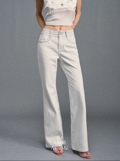 Textured White Contrast Waist Low-Rise Flared Pants