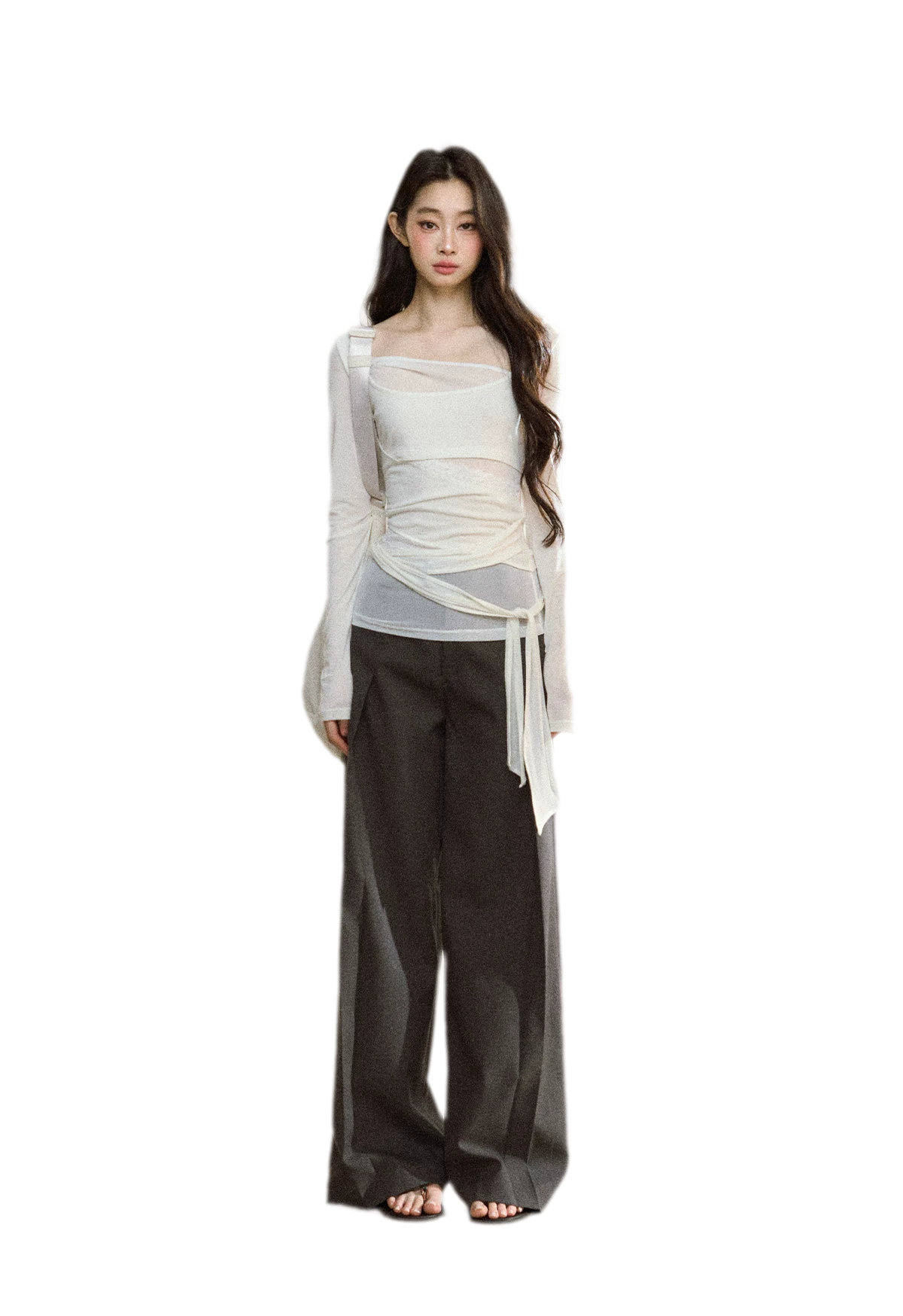 Ruched Sheer Crossover Long-Sleeve Top