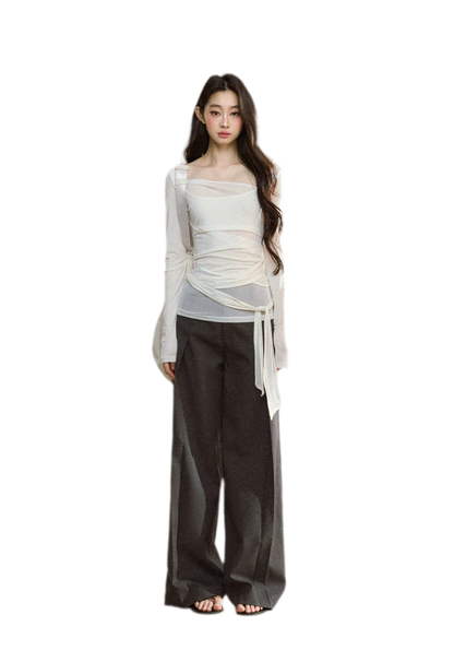 Ruched Sheer Crossover Long-Sleeve Top