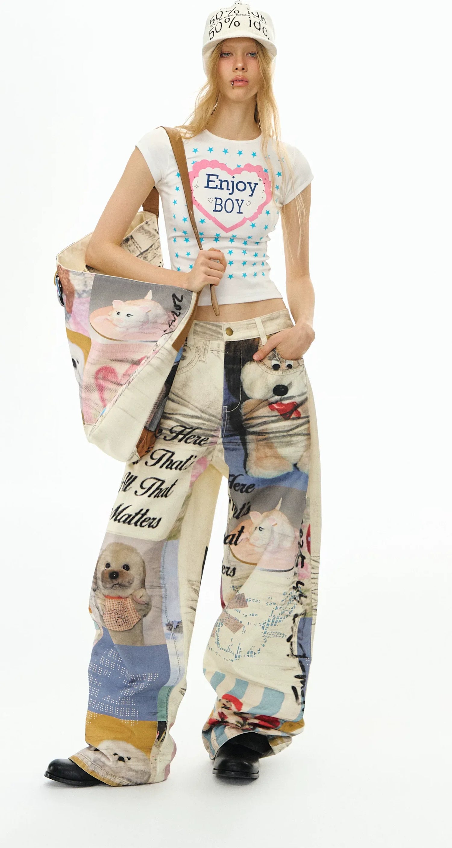 Washed Print Wide-Leg Jeans