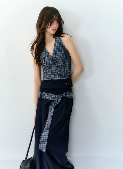 Navy Blue Plaid Two-Piece Set