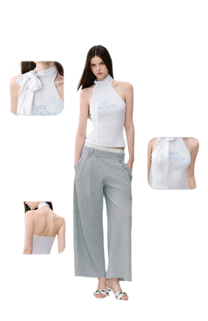 Printed Bow-Tie Halter Cropped Vest