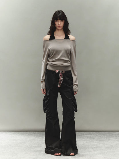 Printed Waistband Drawstring Multi-Pocket Low-Waist Cargo Pants