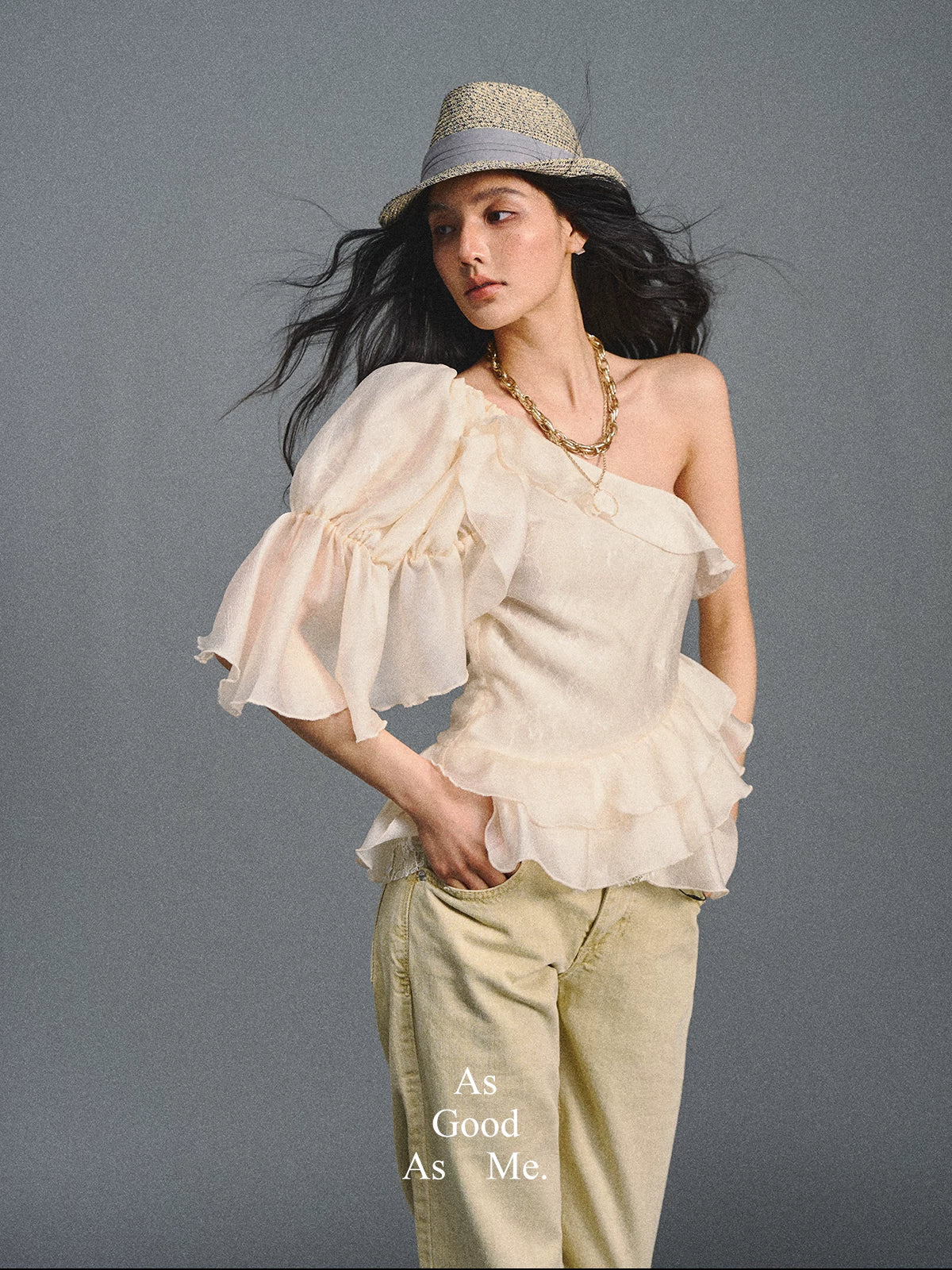 Vintage Romantic Lace Ruffled Asymmetric Top