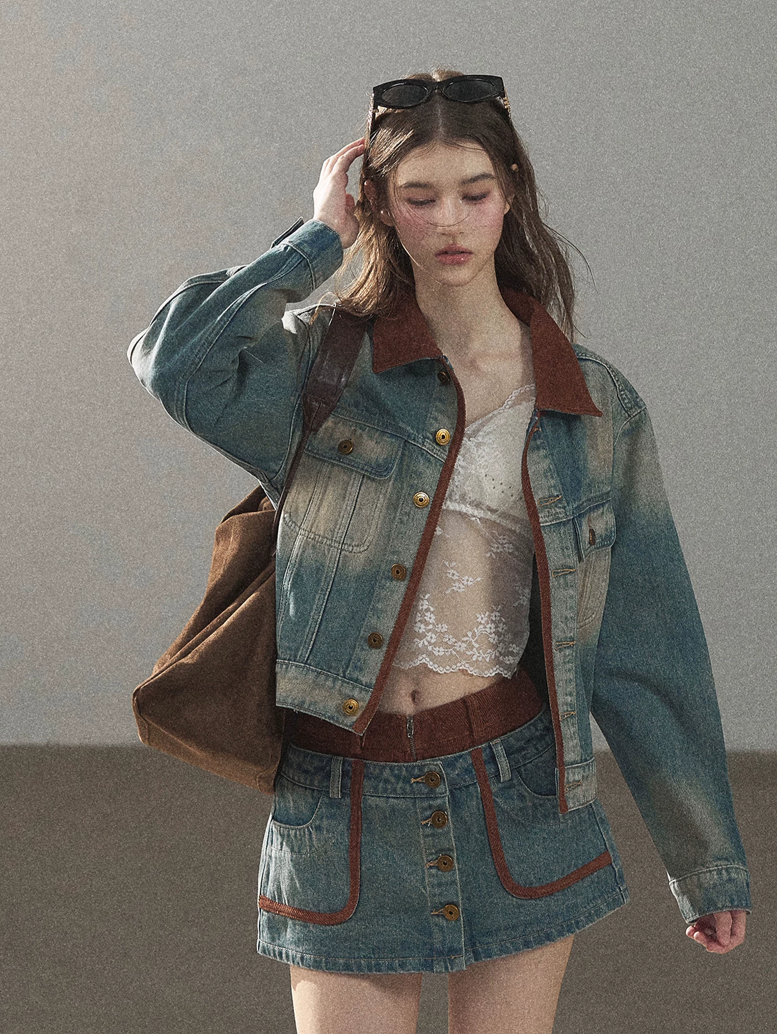 Washed Denim Jacket Skirt Set