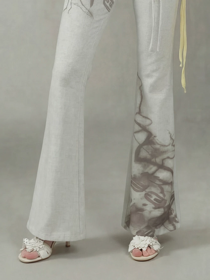 印花抽褶喇叭裤