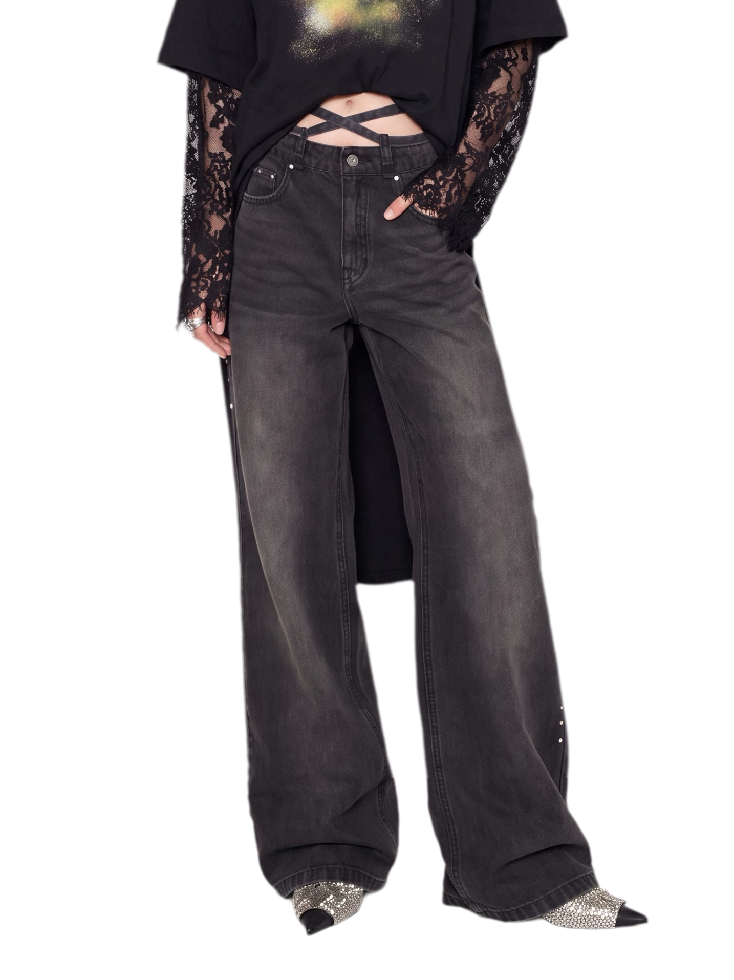 Rhinestone Micro-Flare Cotton Jeans
