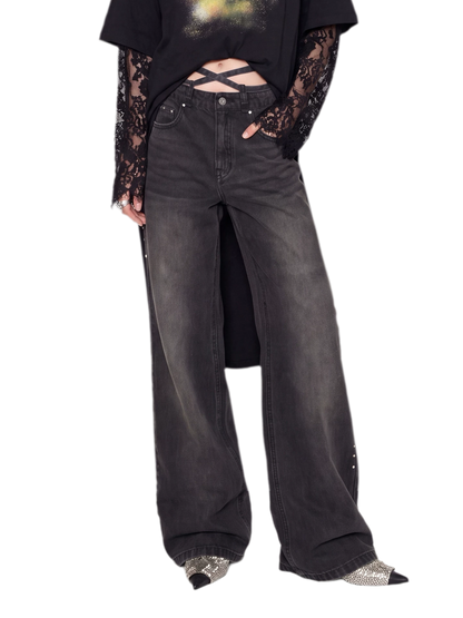 Rhinestone Micro-Flare Cotton Jeans