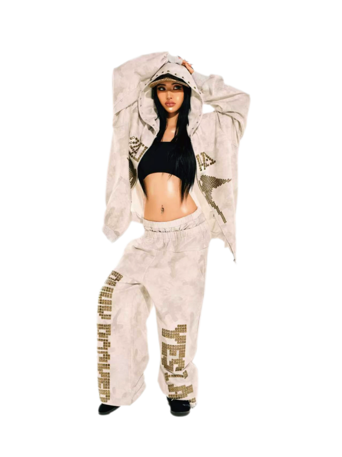 Camouflage Rhinestone Hoodie Sweatpants Set