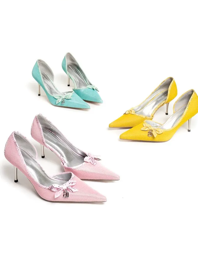 Glossy Bow Pointed-Toe Pumps