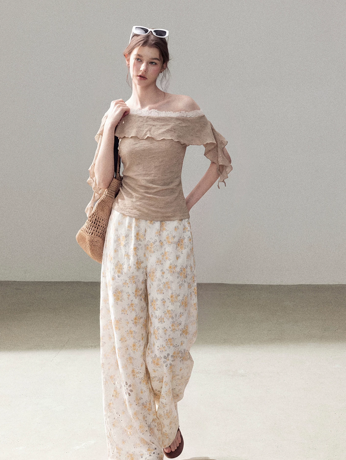 Laser-Cut Floral Wide-Leg Pants