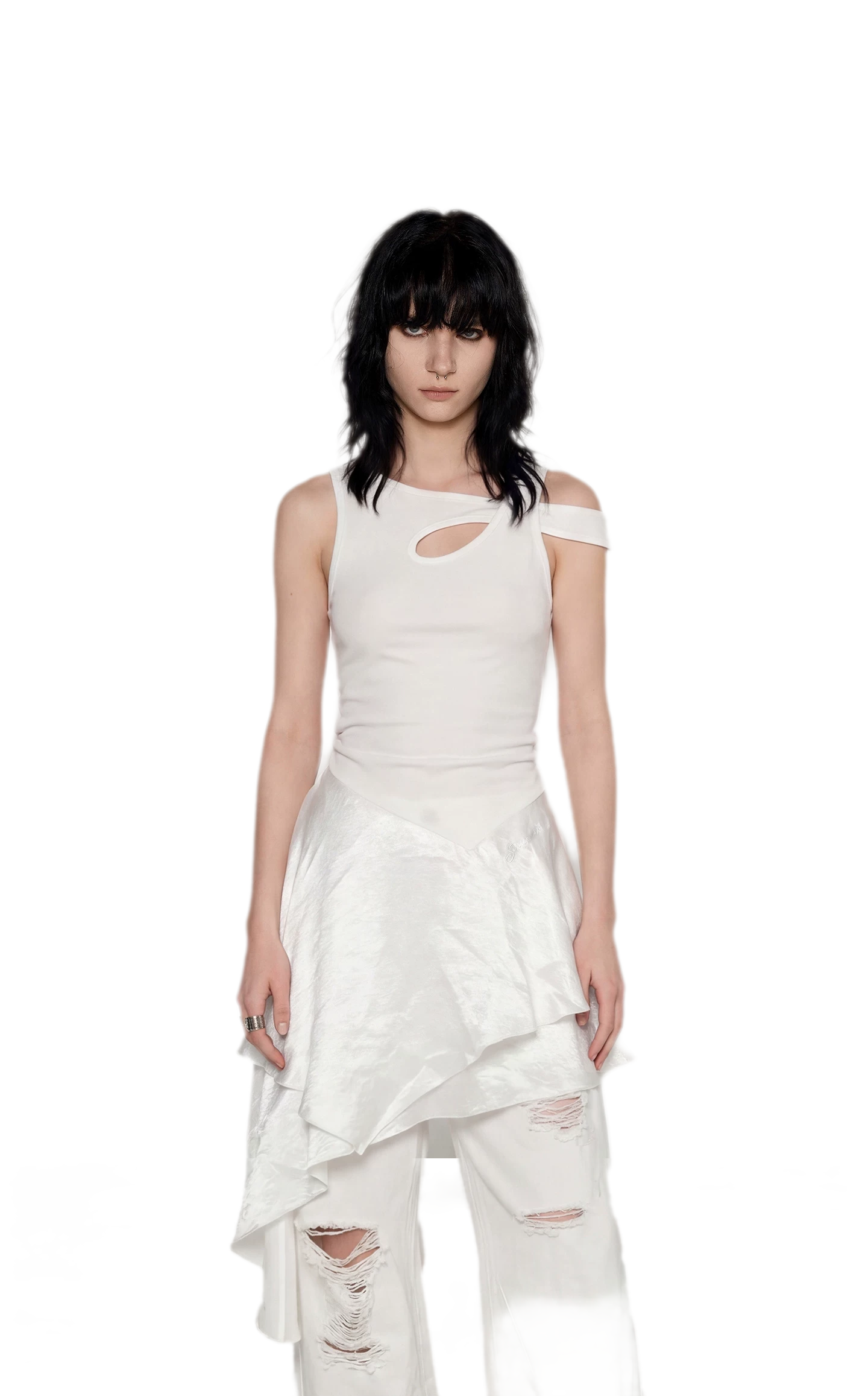 SENSEAWEEK Asymmetric Layered Sleeveless Dress White / M