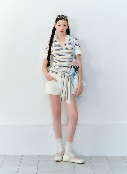 White Korean Casual High-Waist Denim Shorts