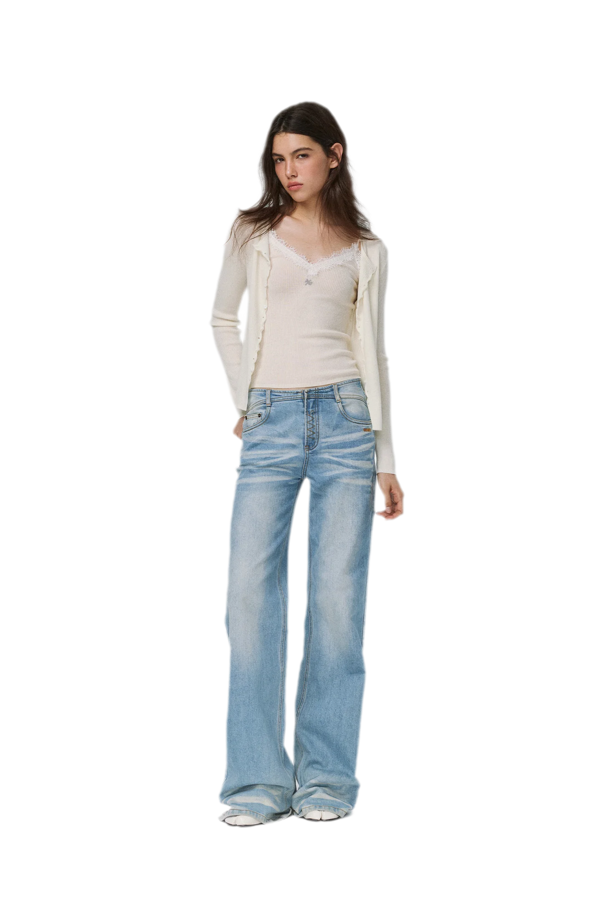 Feinstrick-Camisole aus Wolle mit Spitzenbesatz 100% Wolle