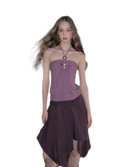 Beaded Ruched Halter Ribbed Top