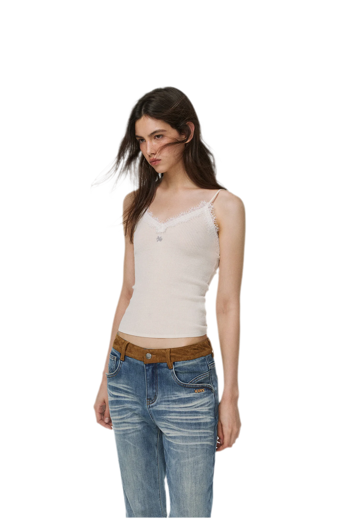 Feinstrick-Camisole aus Wolle mit Spitzenbesatz 100% Wolle