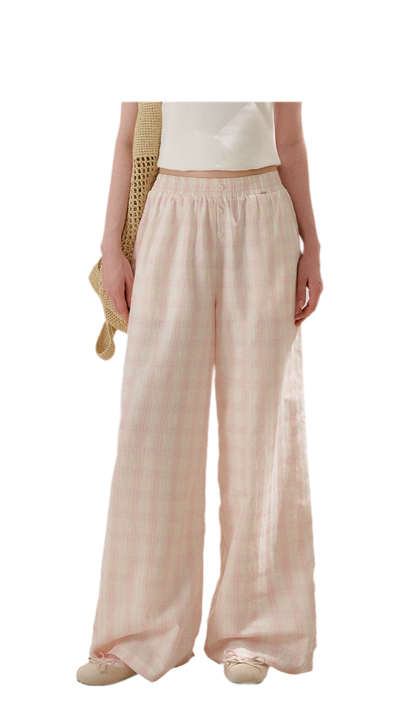 Linen Checkered High-Waist Wide-Leg Pants