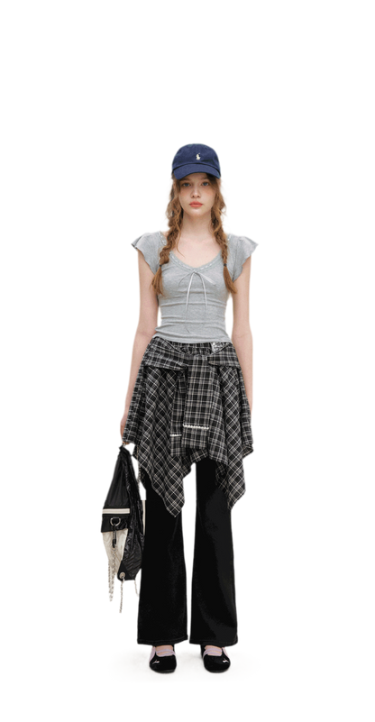 Asymmetric Lace Patchwork Plaid Skirt/Top