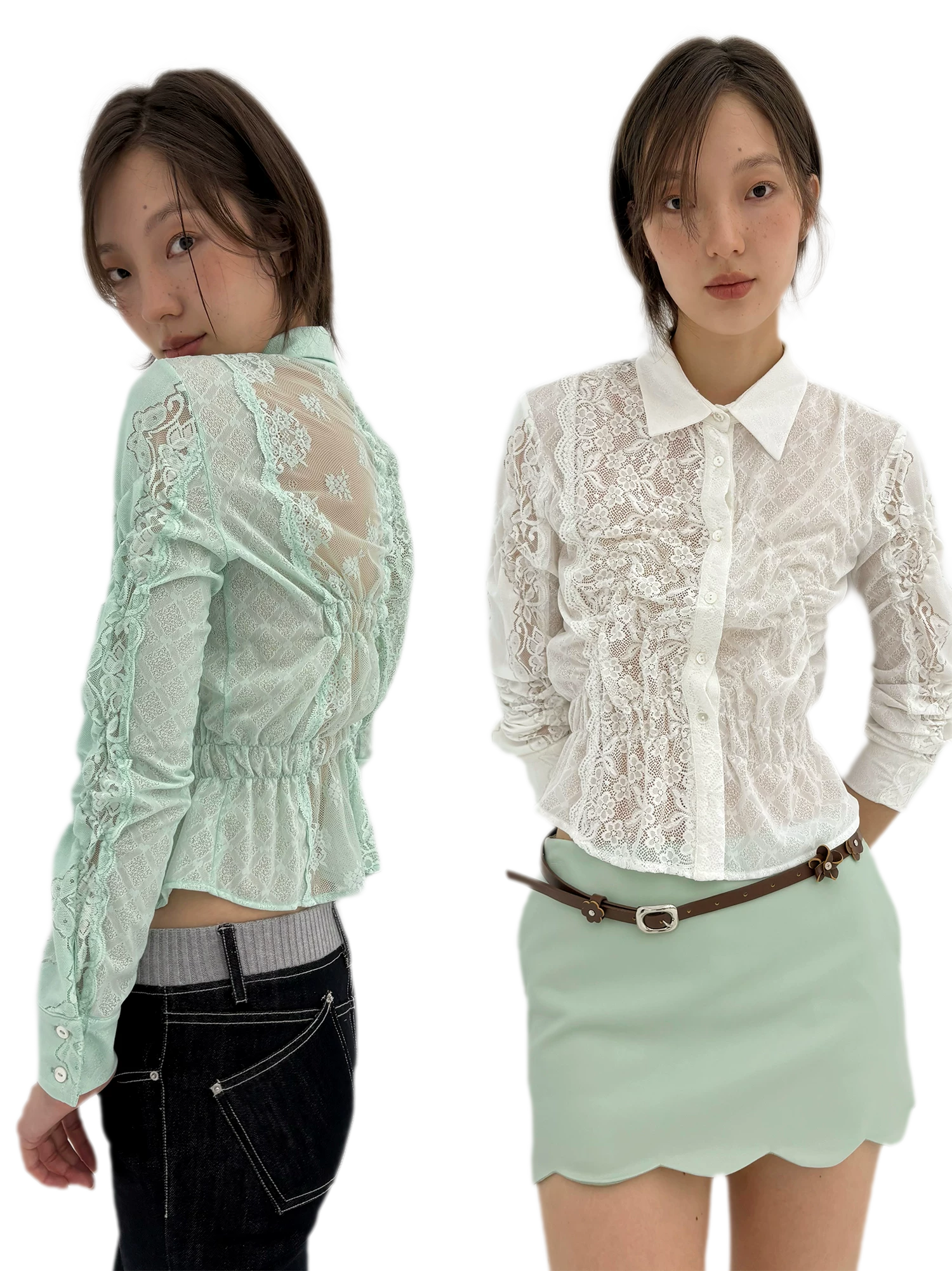 Lace Shirred Peplum Blouse