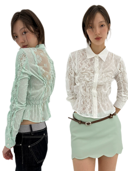 Lace Shirred Peplum Blouse