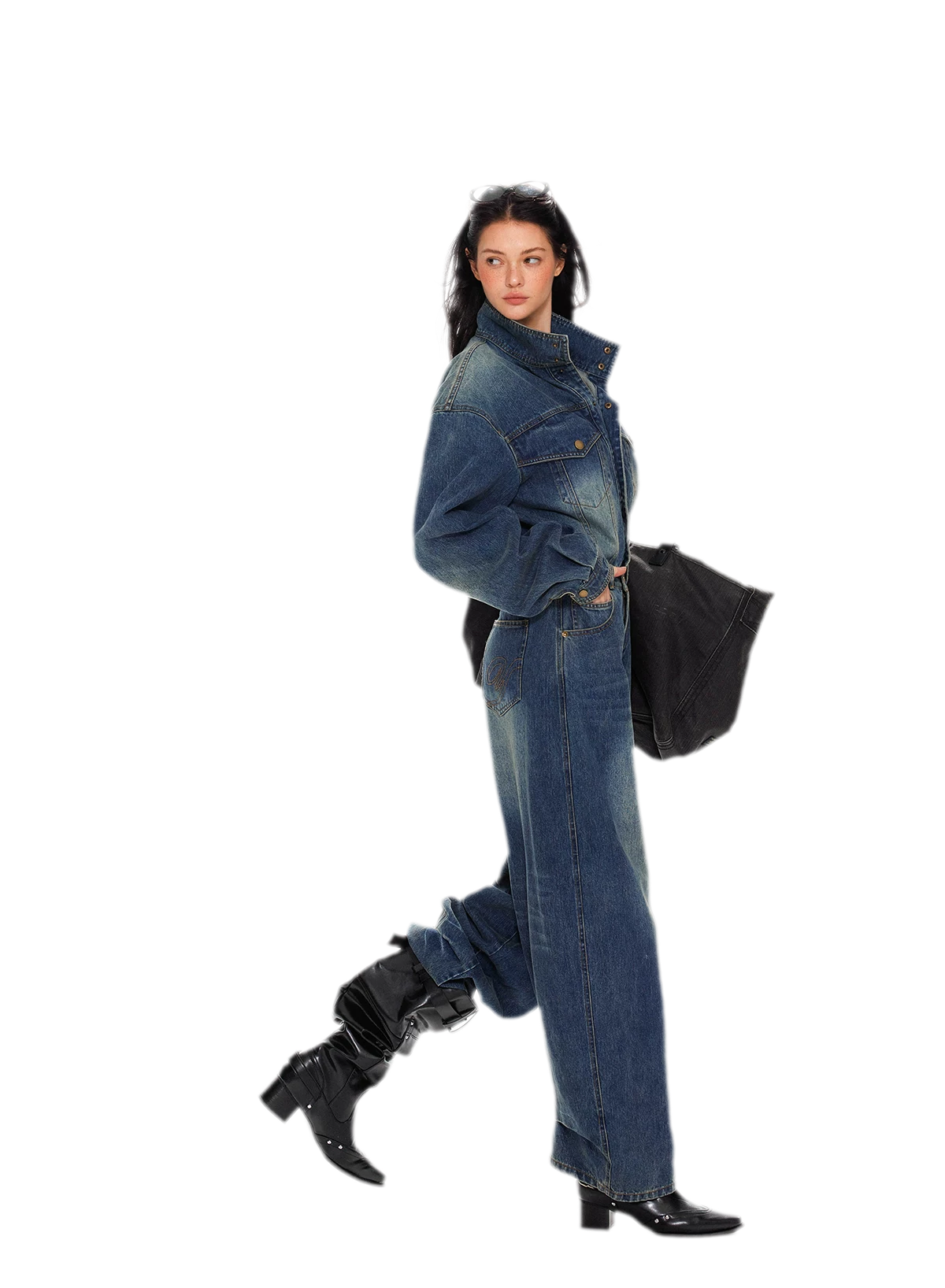 Combinaison en jean délavé à jambes larges