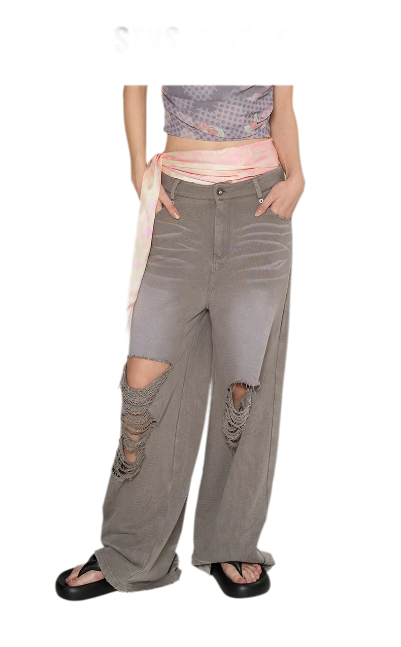 Washed Distressed Straight Pants