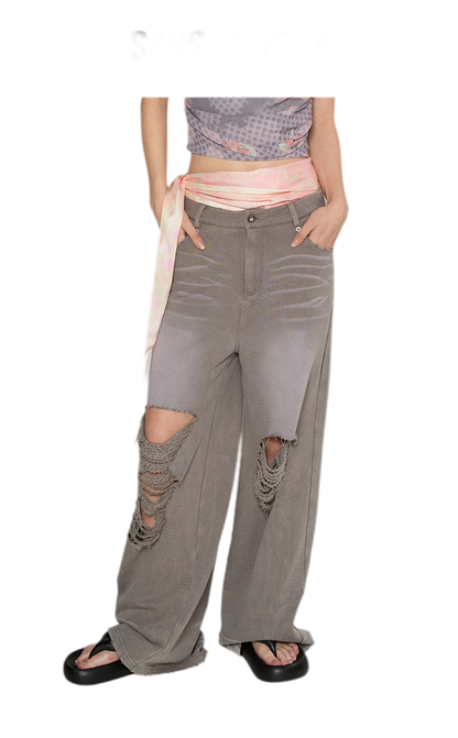 Washed Distressed Straight Pants
