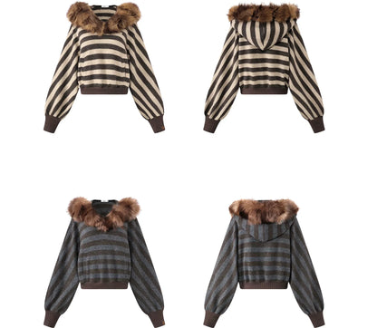 Striped Faux-Fur Collar Sweater