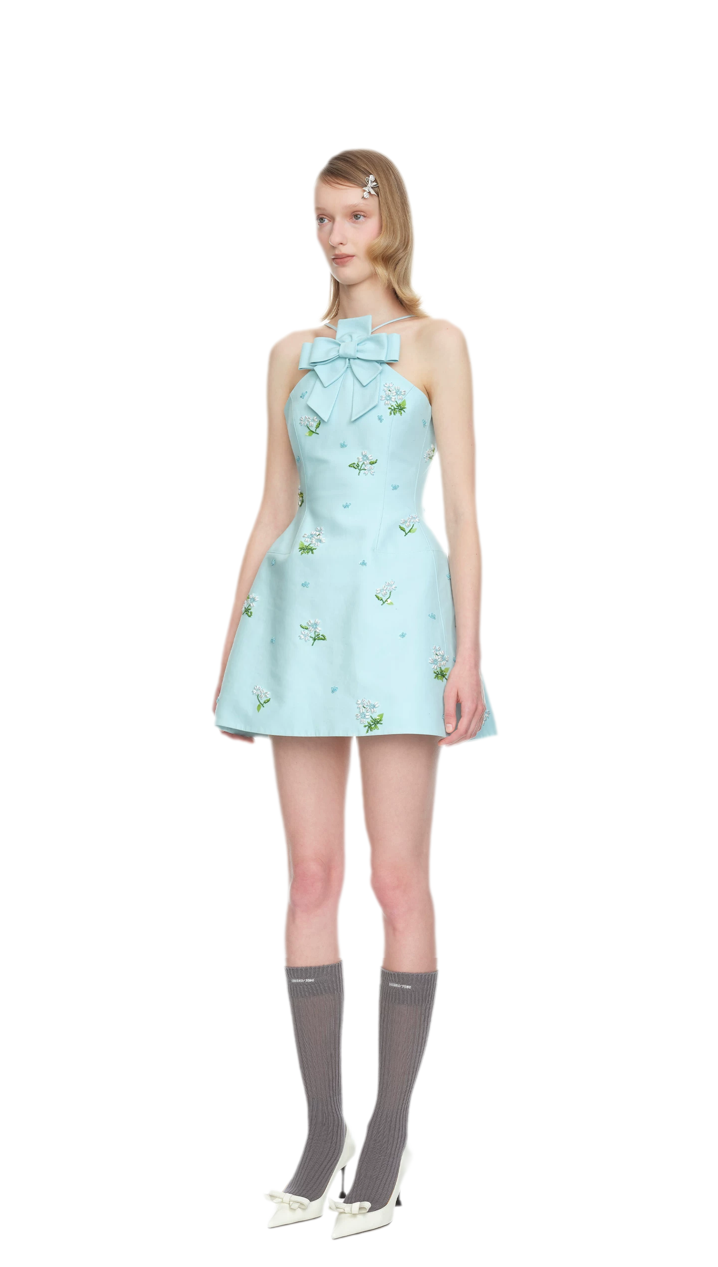Embroidered Bow Halter Mini Dress