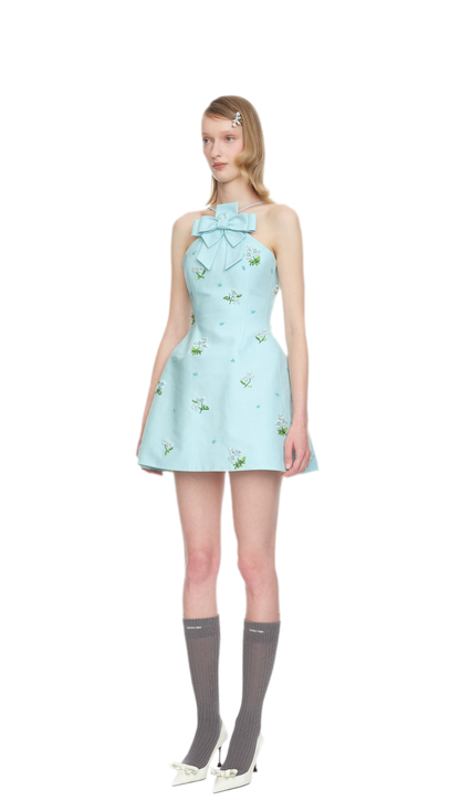 Embroidered Bow Halter Mini Dress