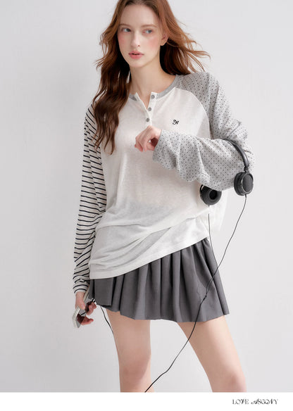 Striped Polka Dot Raglan Sleeve Long Sleeve Pullover