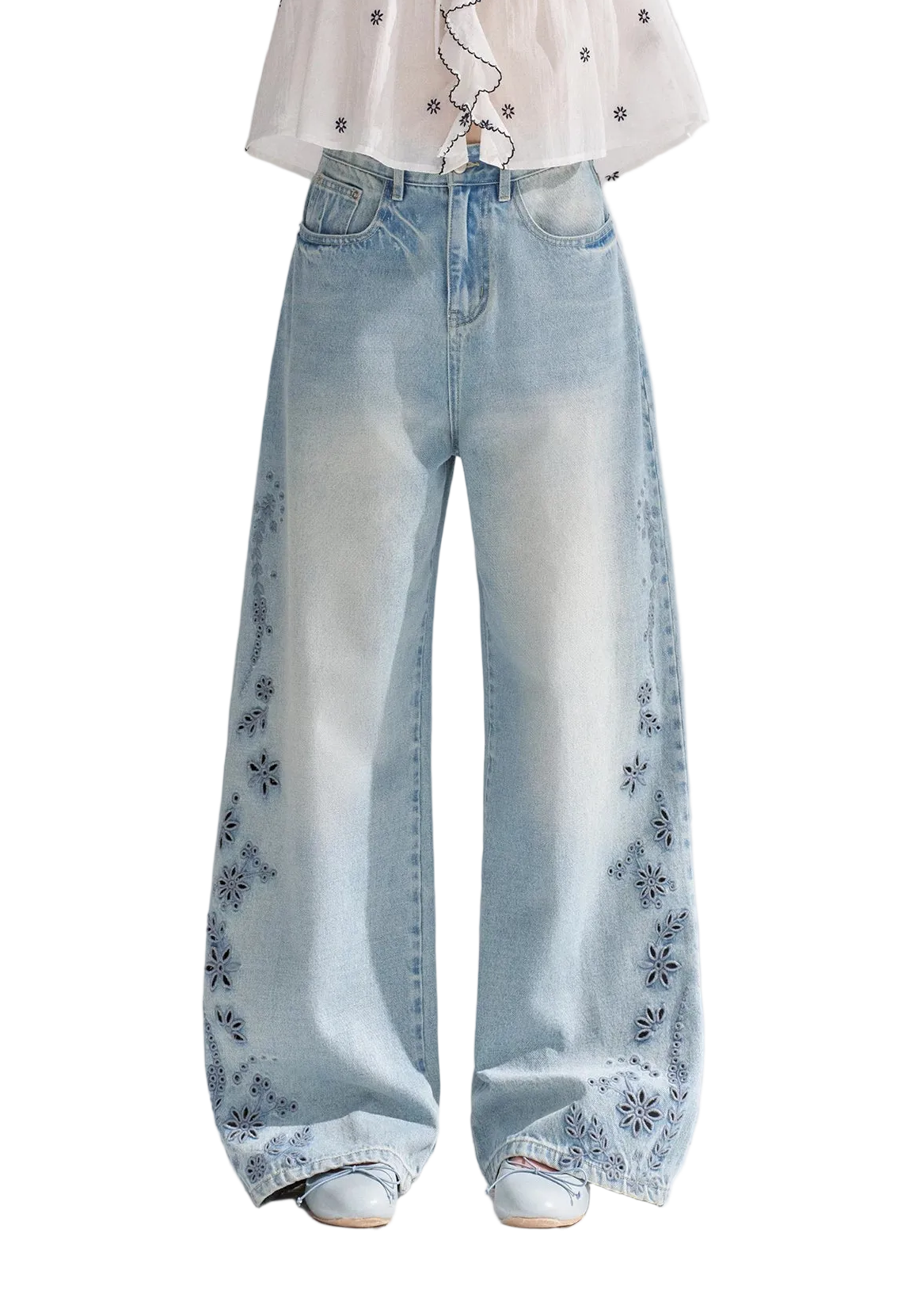Embroidered Washed Wide-Leg Jeans