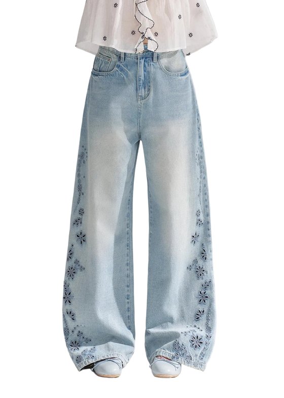 Embroidered Washed Wide-Leg Jeans