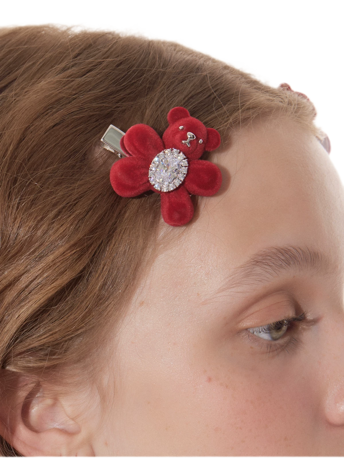Pinza para el cabello con oso flocado y piedras preciosas