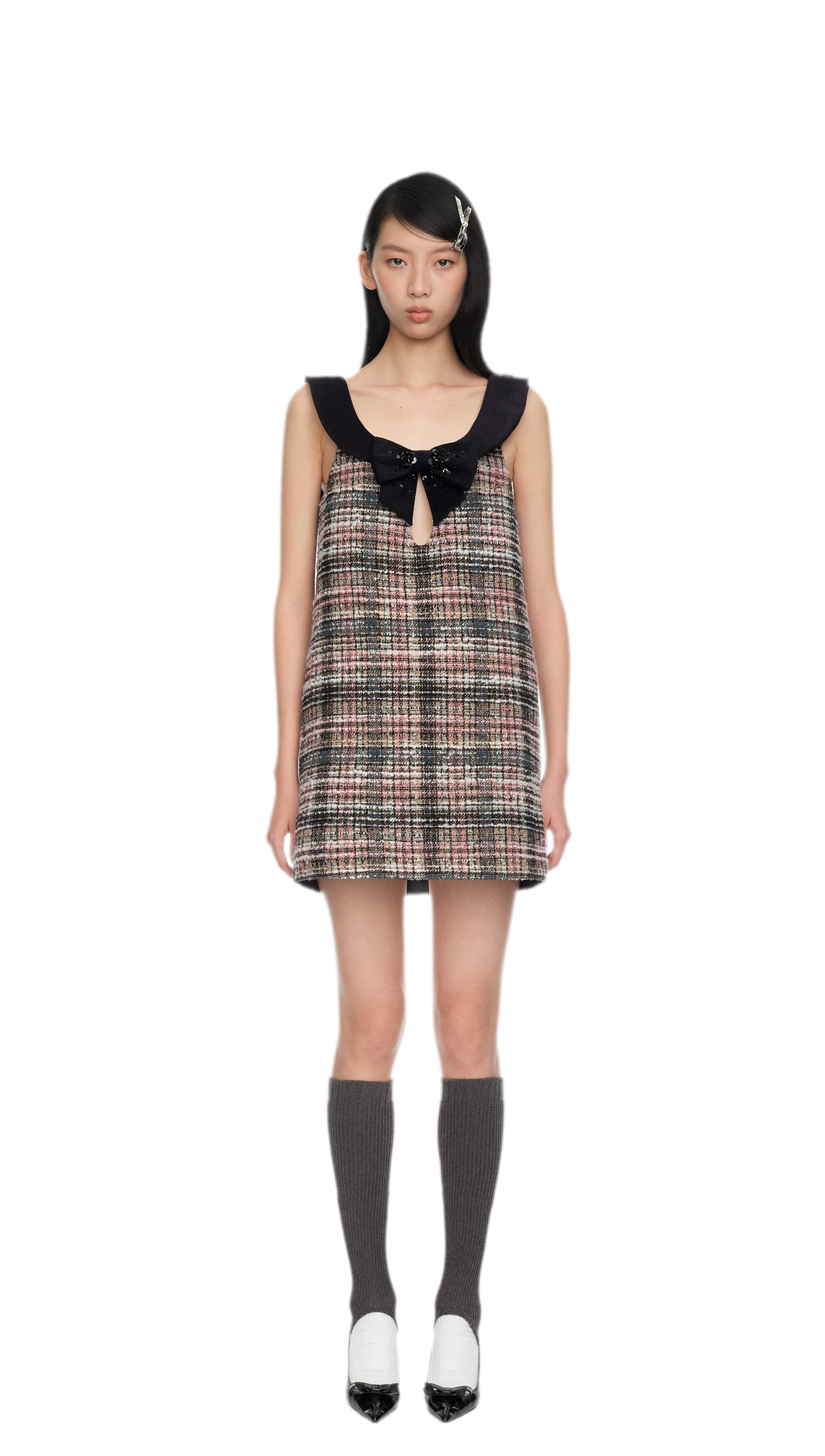 Plaid Tweed Bowknot A-Line Dress