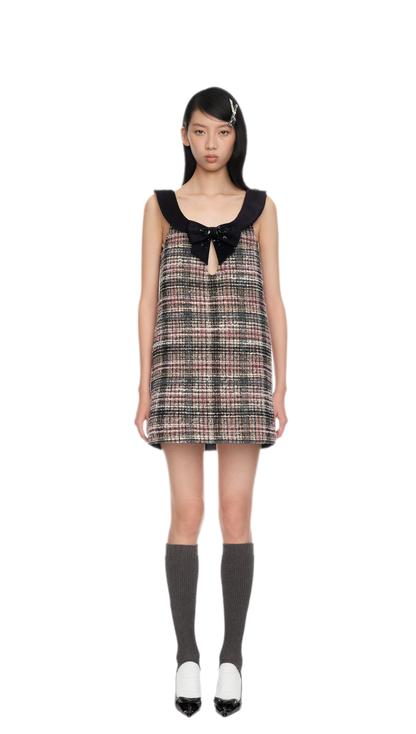 Plaid Tweed Bowknot A-Line Dress