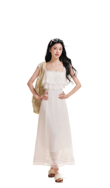 Lace Ruffle Waist Long Dress