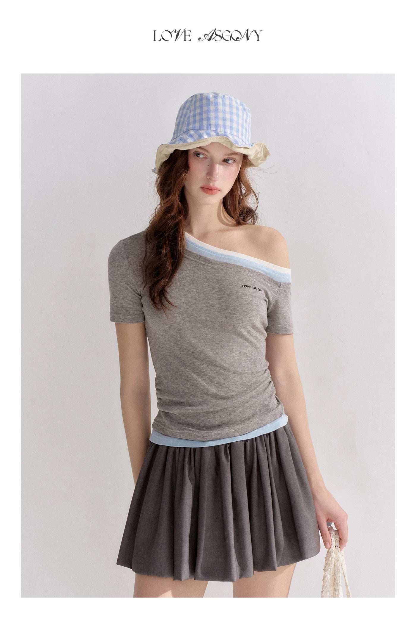 Asymmetric Off-Shoulder Colorblock Slim T-Shirt