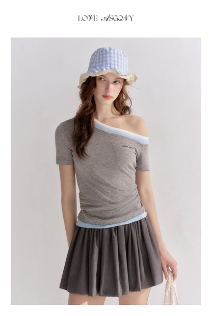 Asymmetric Off-Shoulder Colorblock Slim T-Shirt