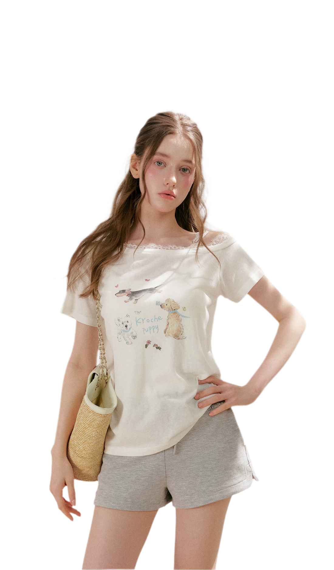 Tencel Cotton French Lace Puppy Print Asymmetric T-Shirt